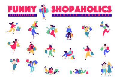 Illustrations of men and women with shopping