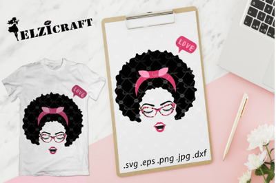 Afro Woman Face, Afro Hair, Makeup, Lips, Glasses SVG Cut File