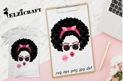 Afro Woman Face, Afro Hair, Makeup, Lips, Glasses SVG Cut File