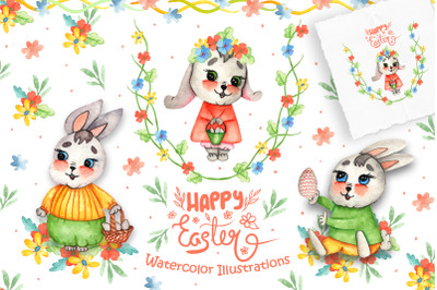 Watercolor Easter Bunnies Illustrations