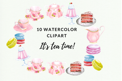 Watercolor Tea Clipart, Pink Teapot Tea Cup