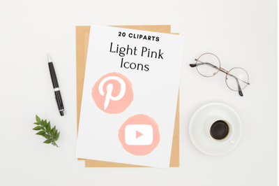 20 Light Pink Social Media Icons, Round Watercolor Social Icons