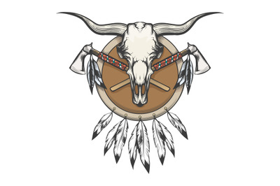 Native Americans Emblem with Bull skull and shield with tomahawk