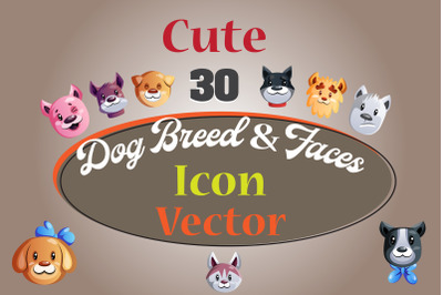 30 X Dog Breed and Faces Icon illustration.