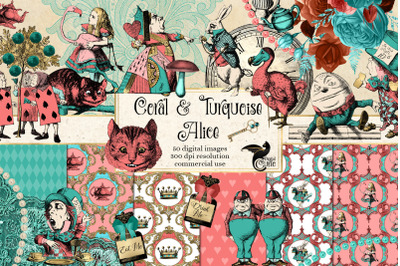 Coral and Turquoise Alice in Wonderland Graphics