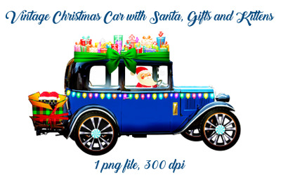 Vintage Christmas Car with Santa Gifts and Kittens