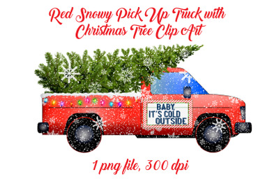 Red Snowy Pick Up Truck with Christmas Tree