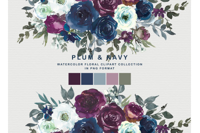 Plum &amp; Navy Floral Clipart PNG