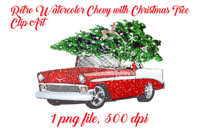 Retro Watercolor Chevy with Christmas Tree