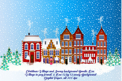 Christmas Village Clip Art PLUS Bonus Snowy Background