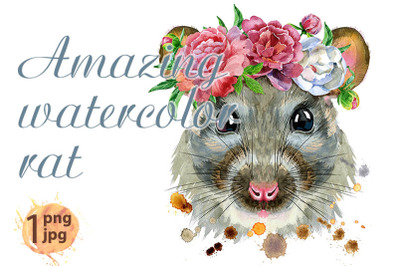 Watercolor portrait of rat in a wreath of peonies