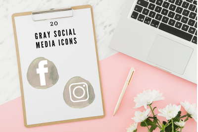 Gray Watercolor Social Media Icons, Round Watercolor Social Icons