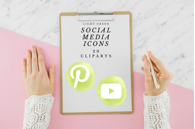 Light Green Social Media Icons, Round Watercolor Social Icons