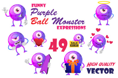 49X Funny Purple Ball Monster Expressions Illustrations