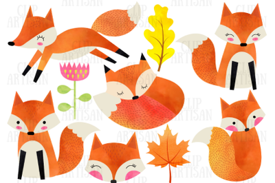 Watercolor Fox Clipart, Cute Foxes Clipart, Watercolor Woodland Clipar