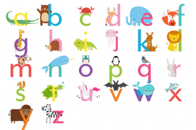 Animal Alphabet Clipart, Lowercase Letters