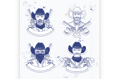 Hand drawn sketch cowboy set