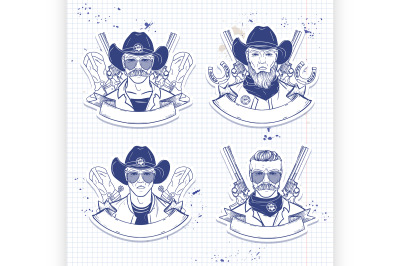 Hand drawn sketch cowboy set 3