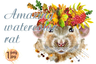 Watercolor portrait of rat with splashes with wreath of leaves