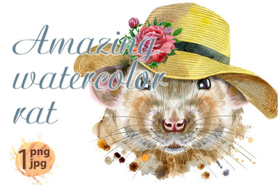 Watercolor portrait of rat with a wide-brimmed summer hat