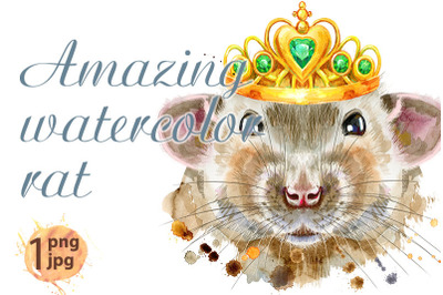 Watercolor portrait of rat with golden crown