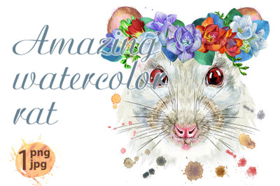 Watercolor portrait of white rat with freesia and eucalyptus wreath