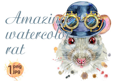 Watercolor portrait of white rat with hat bowler and steampunk glasses