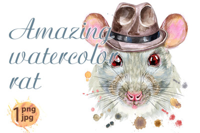 Watercolor portrait of white rat in brown hat with splashes