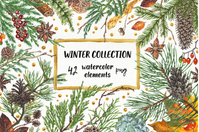 Winter Collection. Watercolor elements for greeting cards