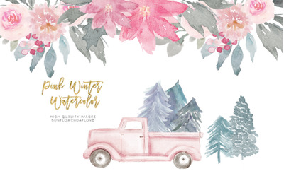 Pink Christmas clipart&2C; floral Pink watercolor clipart