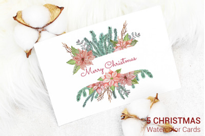 5 Christmas Cards. Watercolor Decoration