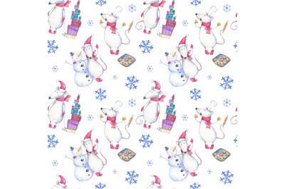 Watercolor New Year, Christmas seamless pattern with happy mice