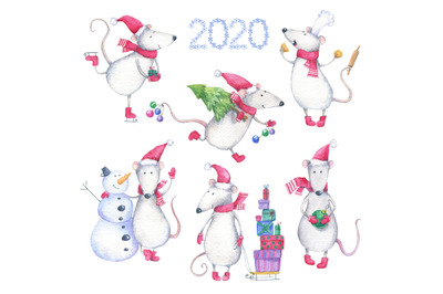 Watercolor set with New Year mice (rats)