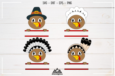 Turkey Pilgrim Thanksgiving Split Frame Svg Design