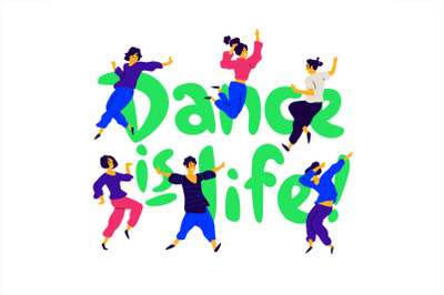 A group of dancing people in different poses and emotions.