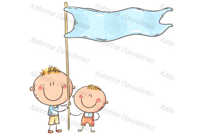 Kids holding a blue flag
