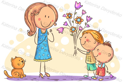 Kids presenting flowers to their mother or teacher