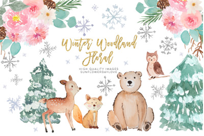 Winter Woodland Animals Clipart, Watercolor Forest Animals