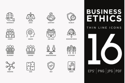 Business Ethics | 16 Thin Line Icons Set