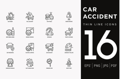 Car Accident | 16 Thin Line Icons Set