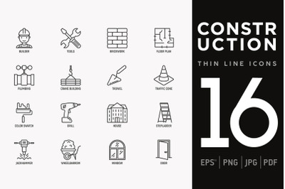 Construction | 16 Thin Line Icons Set