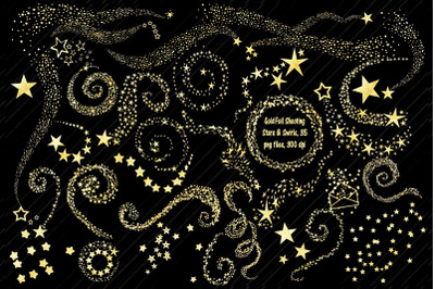 Gold Foil Shooting Stars and Swirls Clip Art