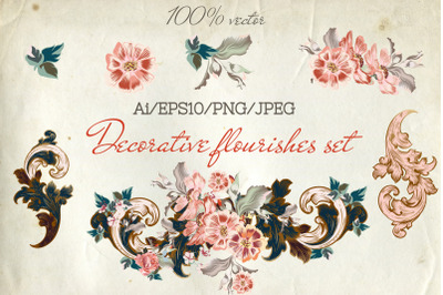 Collection of vector vintage flourishes with flowers Vol.3