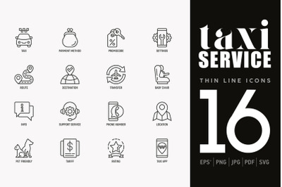 Taxi Service | 16 Thin Line Icons Set