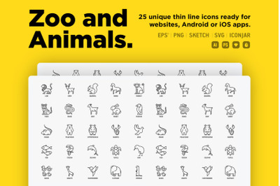Zoo &amp; Animals | 25 Thin Line Icons Set