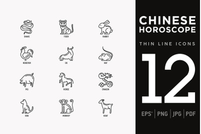 Chinese Horoscope | 12 Thin Line Icons Set
