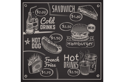 Fast food menu. Coffee, burger and hotdog, donut and fries, ice cream