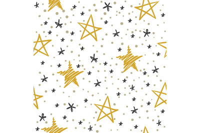 Sketch star seamless pattern. Starry sky with golden and black stars.