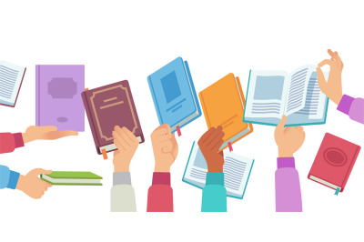 Hands with books. People holding and reading book and magazine, public