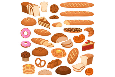 Cartoon bread and cakes. Bakery wheat products, rye breads. Baguette,